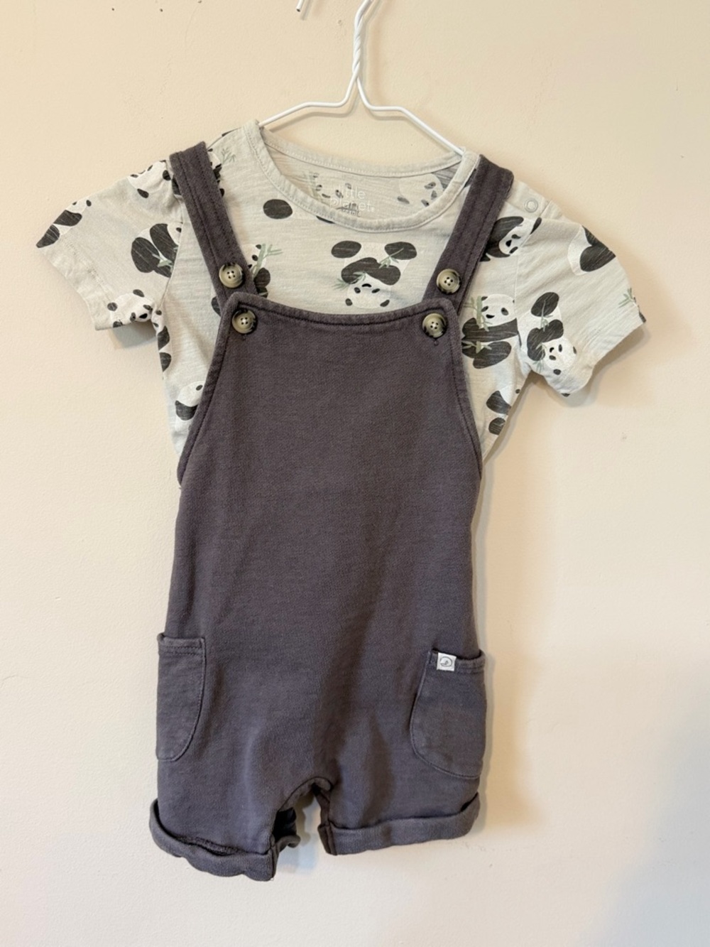 Little Planet Organic | Toddler Knit Gray Overall & Panda Shirt Set | Size 3T